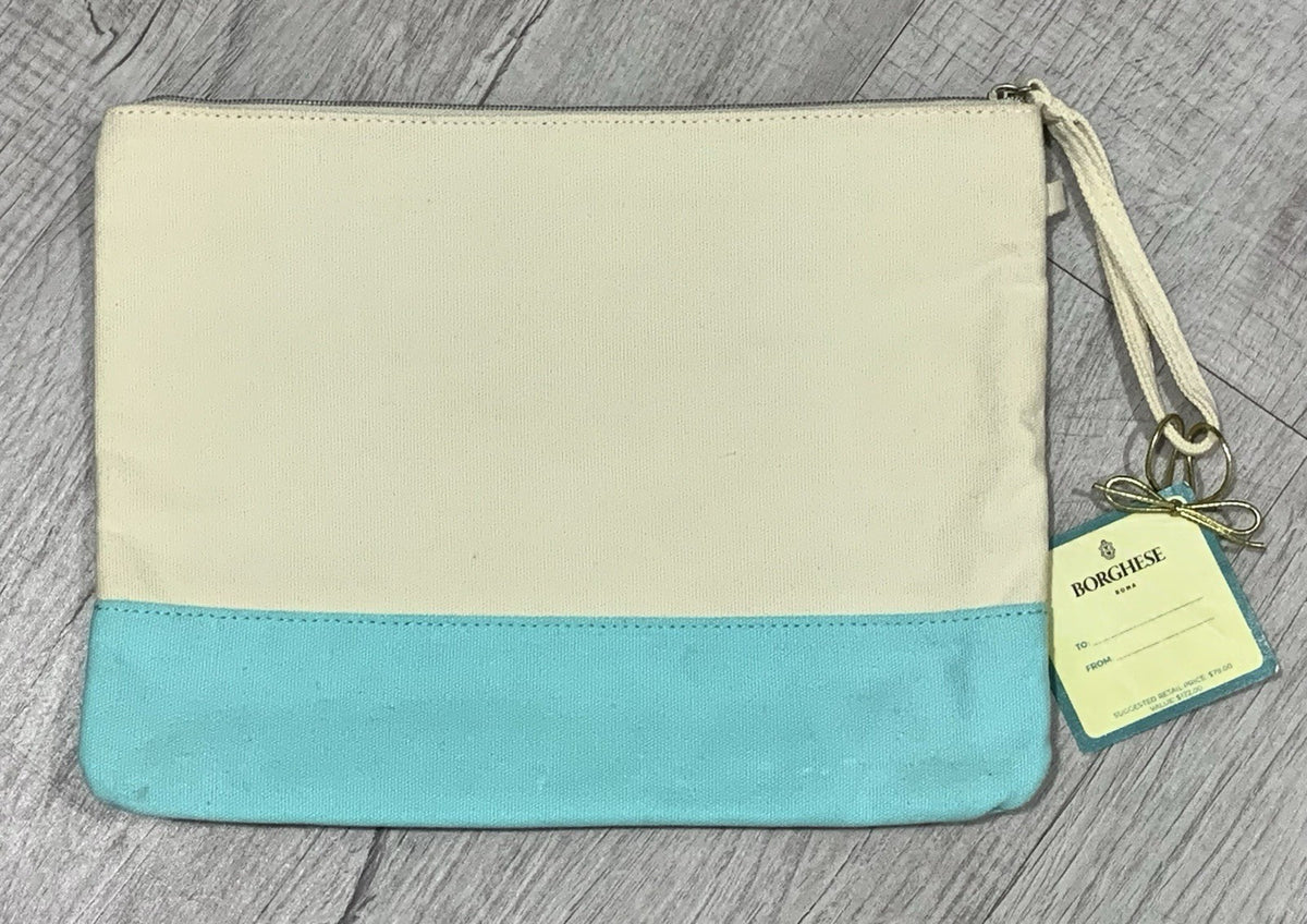 Blue Beige Canvas Cosmetic Bag Travel Pouch for Makeup & Toiletries