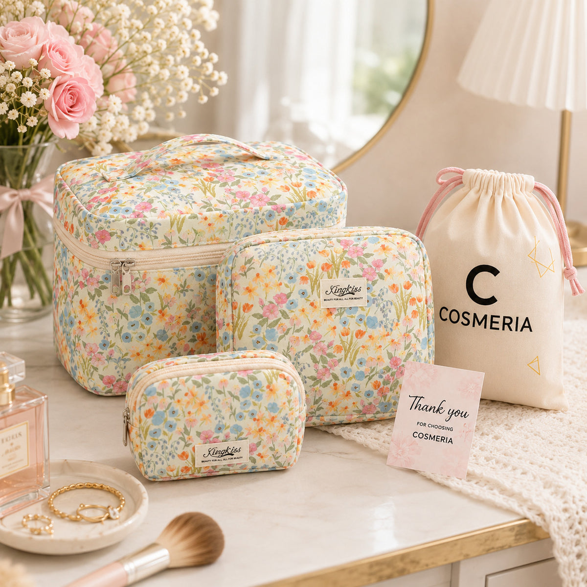 Large Quilted Cosmetic Bag - Water-Resistant Makeup Organizer for Travel