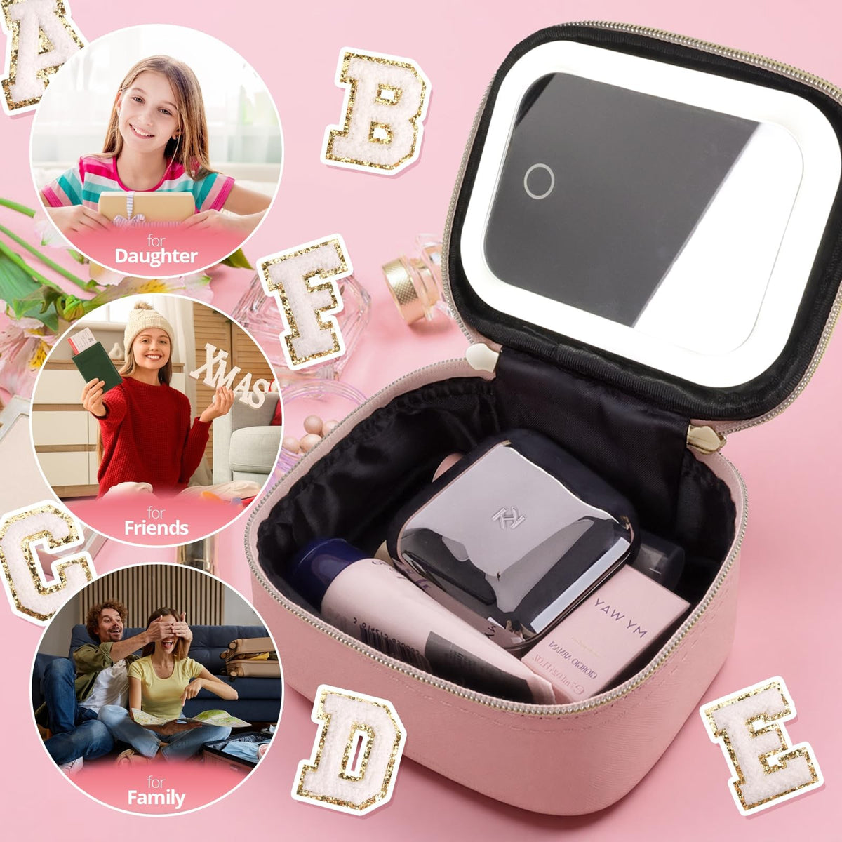 Mini Initial Makeup Bag with LED Mirror & Lights Gift for Women Girls