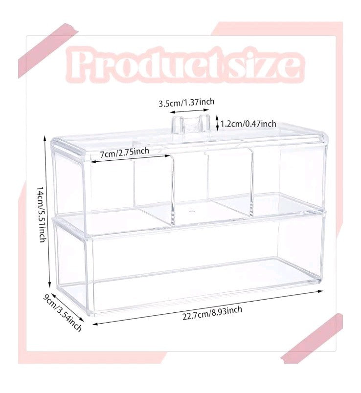 2-Layer Transparent Qtip Holder with 3 Compartments for Cotton Swabs and Cotton Balls