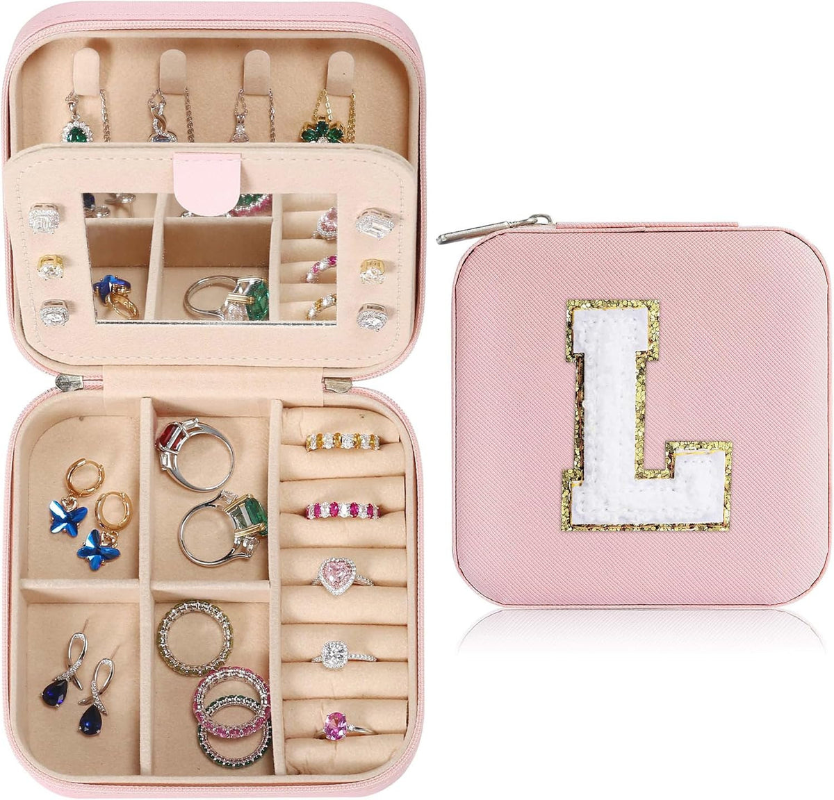 Pink Initial Jewelry Holder for Girls - Portable Leather Jewelry Box