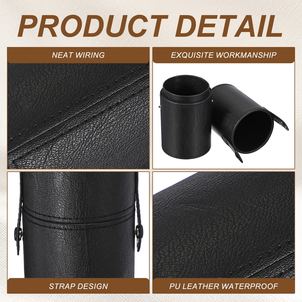 Portable Makeup Brush Holder with Strap - Waterproof PU Leather Black