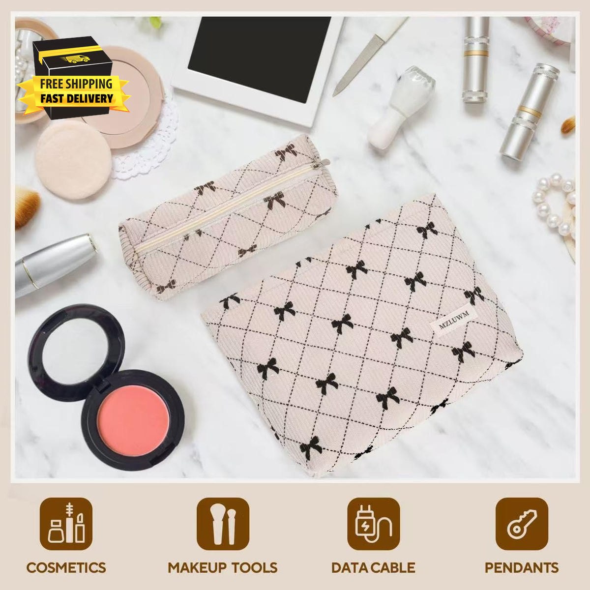 Large Capacity Corduroy Makeup Bag Set with Brush Storage for Travel & Daily Use