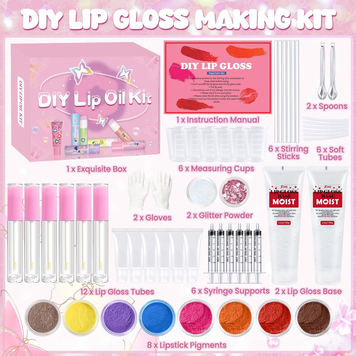 DIY Lip Gloss Making Kit with Pigments & Glitter - Customizable 1 Fl Oz