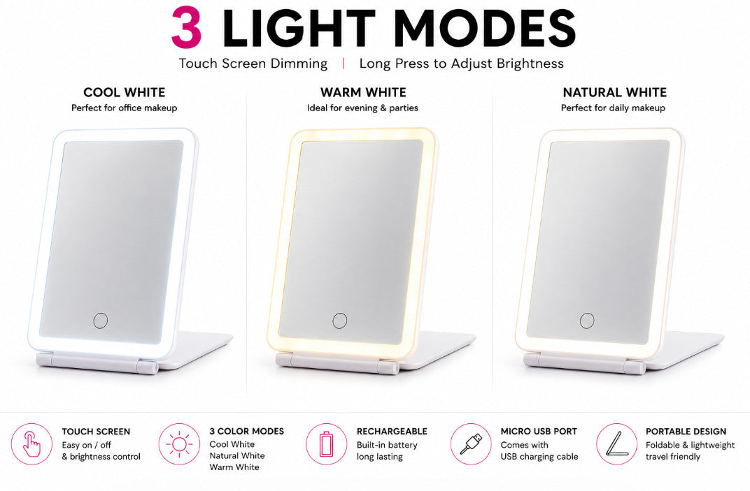 Rechargeable Travel LED Makeup Mirror with 10X Magnifier & 3 Light Modes