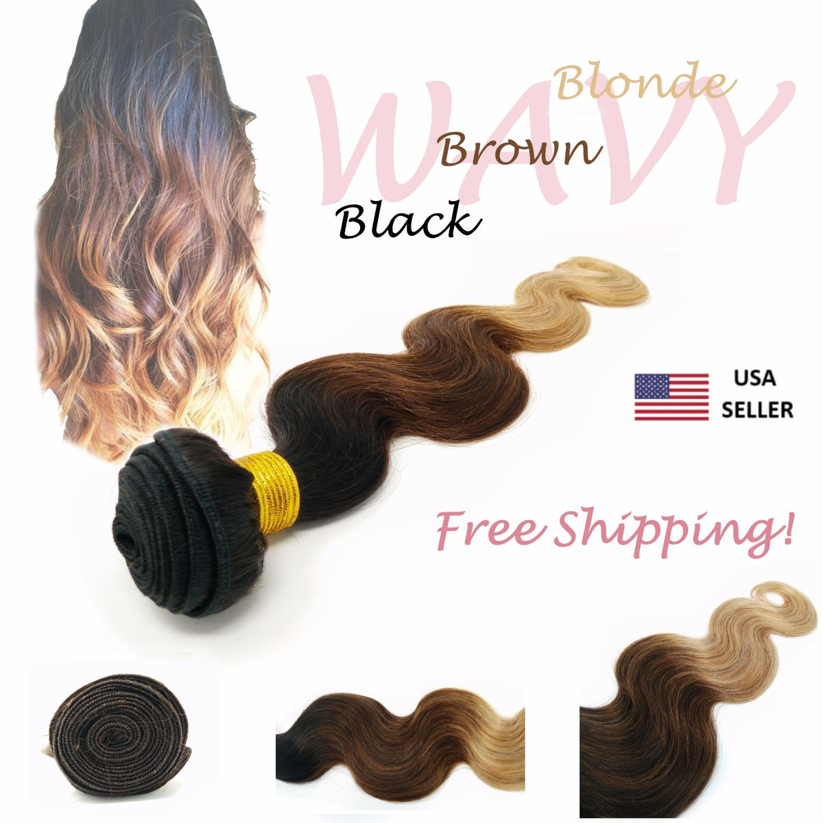 100% Human Hair Weave: Ombre Body Wave 1 Bundle 14-20in (1B/4/27)