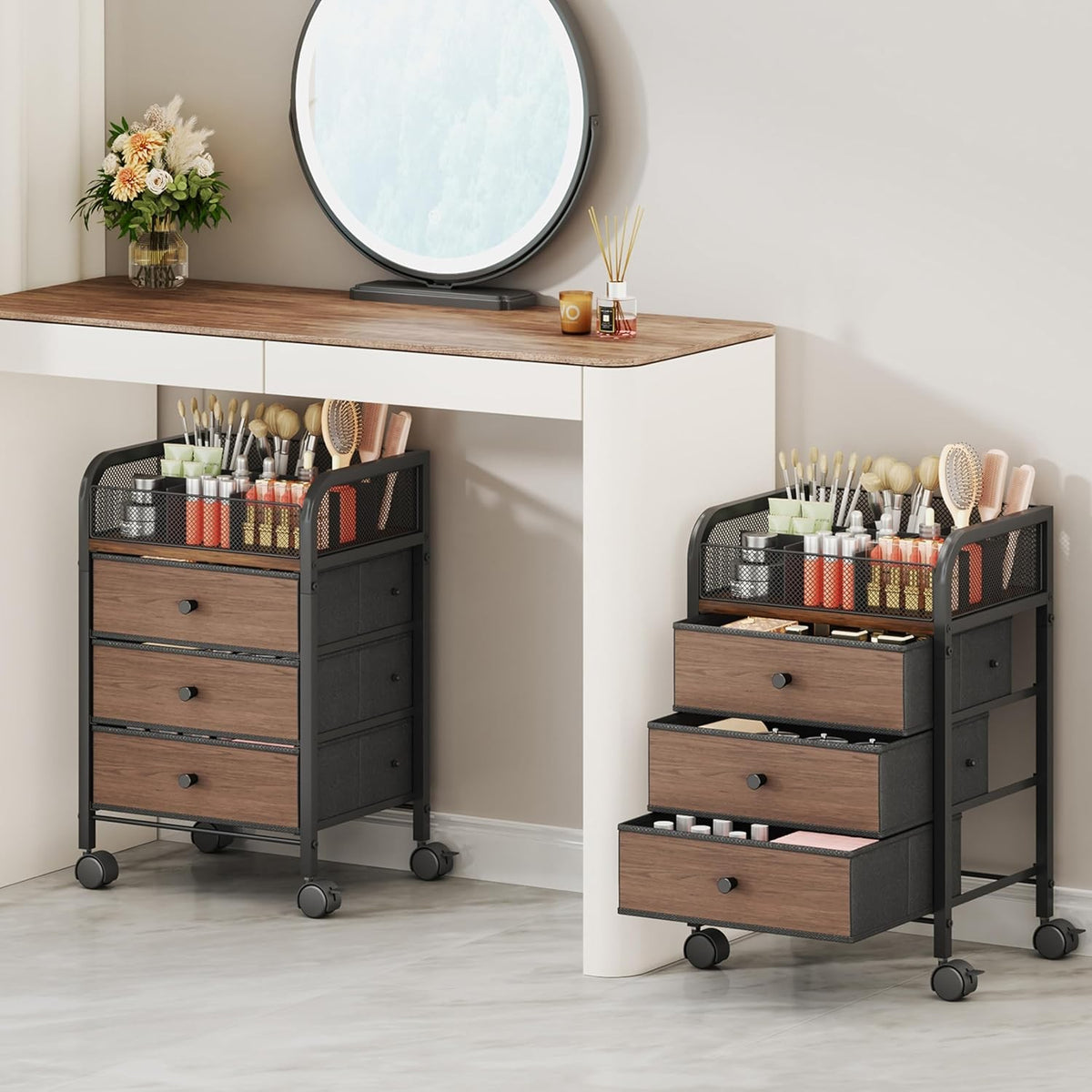 Rolling Makeup Organizer Cart with 3 Non-Woven Drawers Under Desk Storage