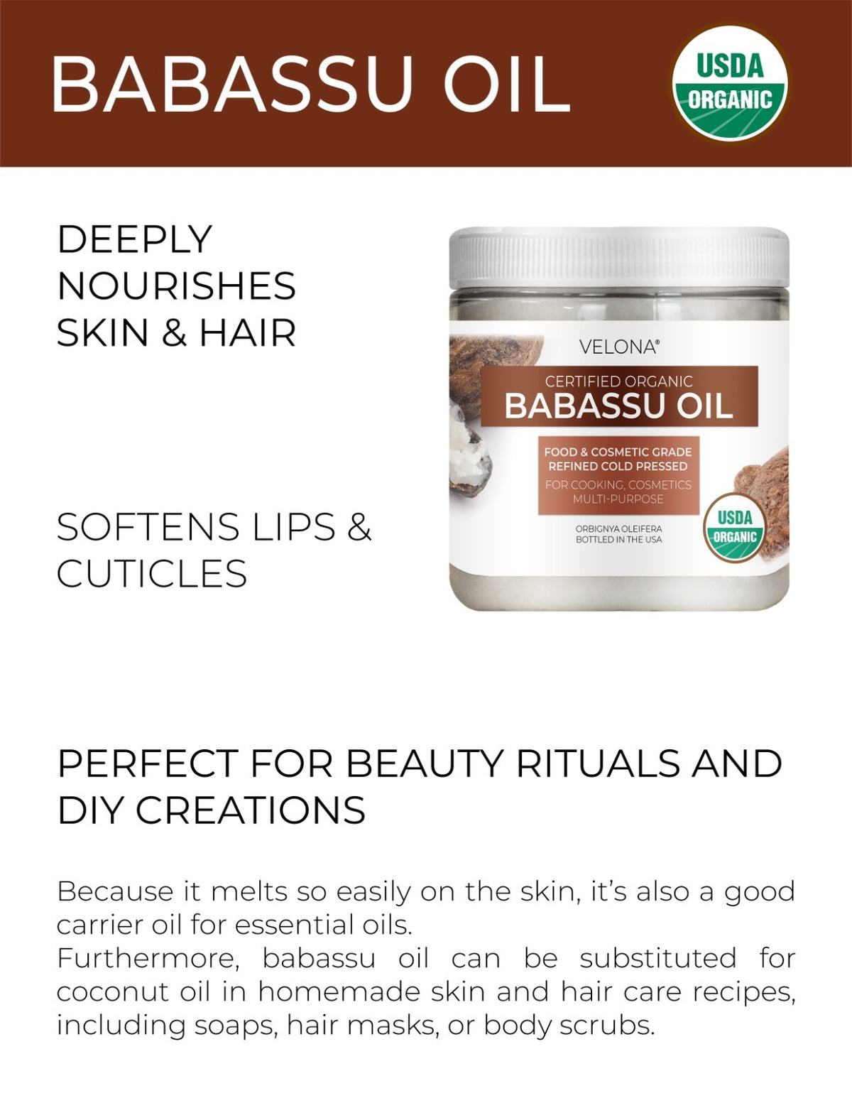 Velona Babassu Oil USDA Certified Organic 2 Fl Oz Food, Cosmetic Grade
