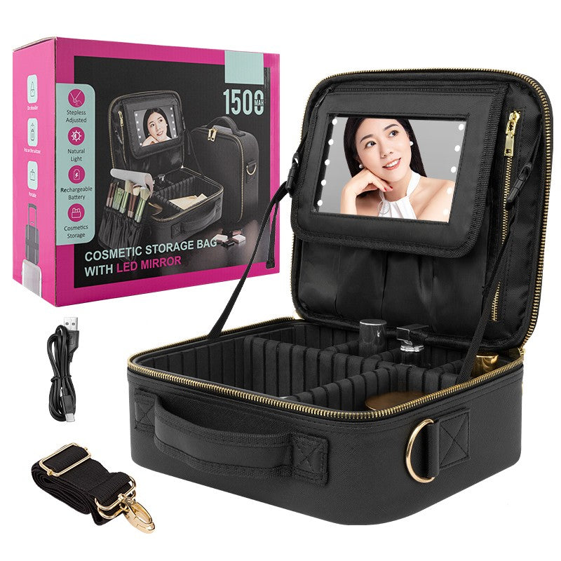 Travel Waterproof Makeup Bag with LED Light Mirror and Handle