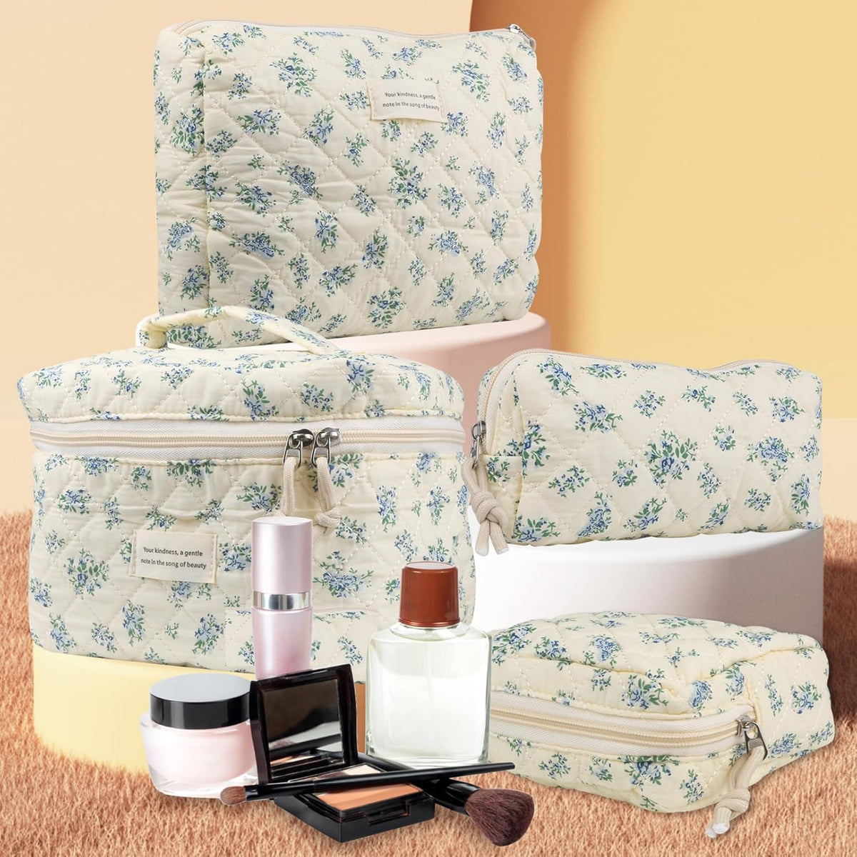 Large Cotton Quilted Makeup Bag - Travel Cosmetic Organizer with Floral Design