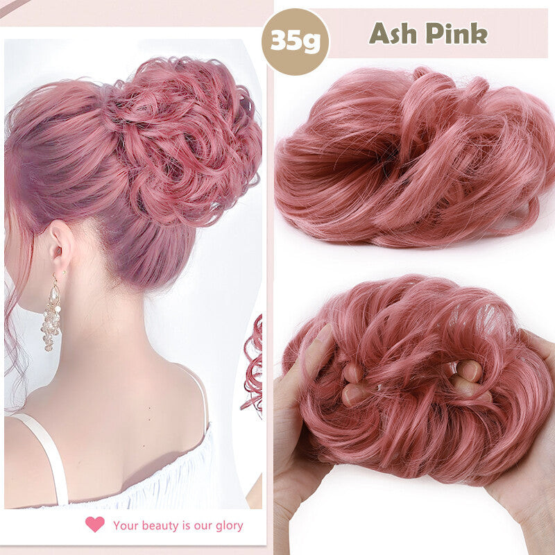 Natural Human Hair Messy Bun Ponytail Extensions with Curly Scrunchie Updo
