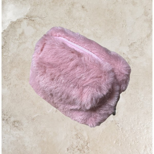 Pink Faux Fur Mini Cosmetic Bag with Zipper & Key Ring - 4.5 Inch
