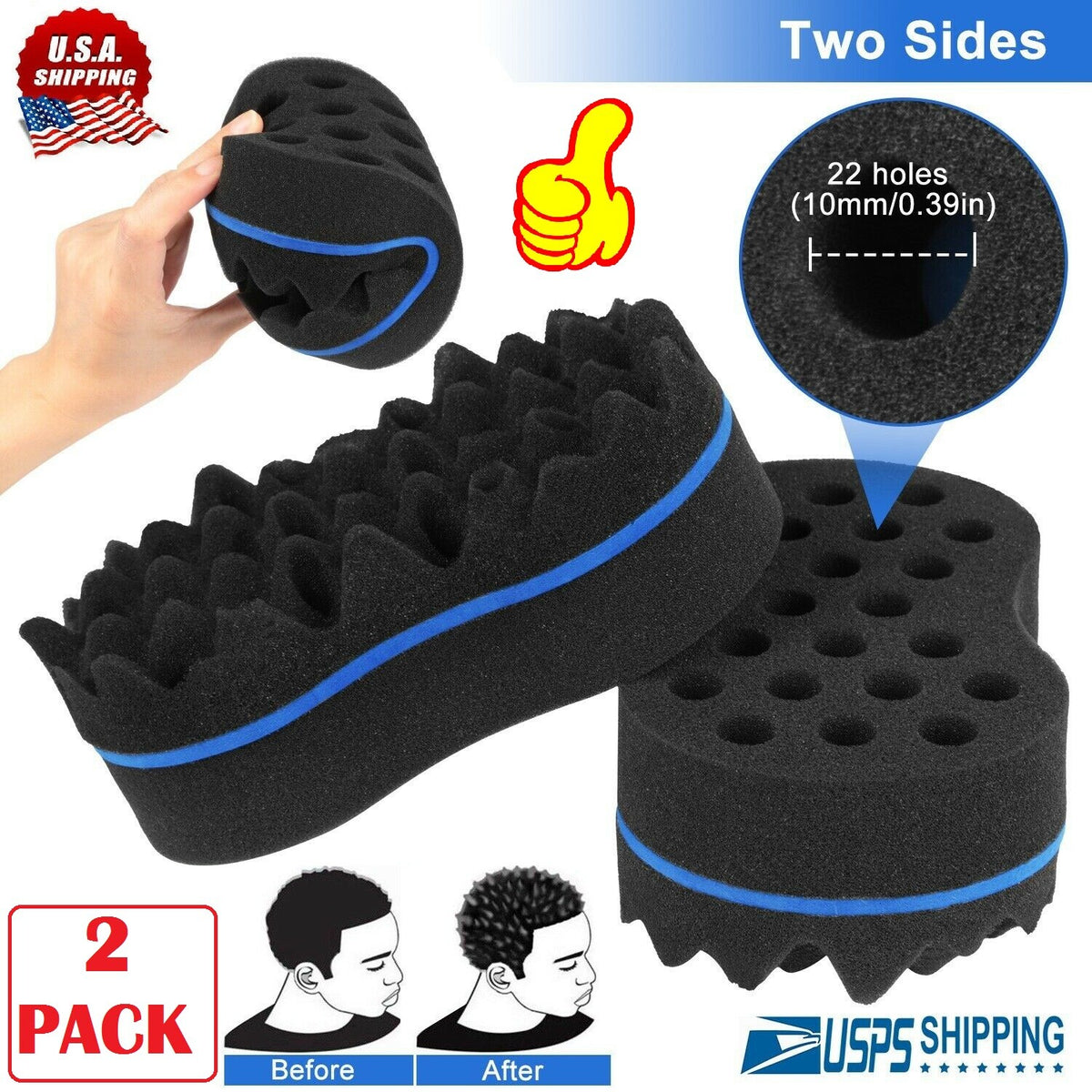 2 Pack Double Side Barber Hair Brush Sponge Afro Curls Coil Twist