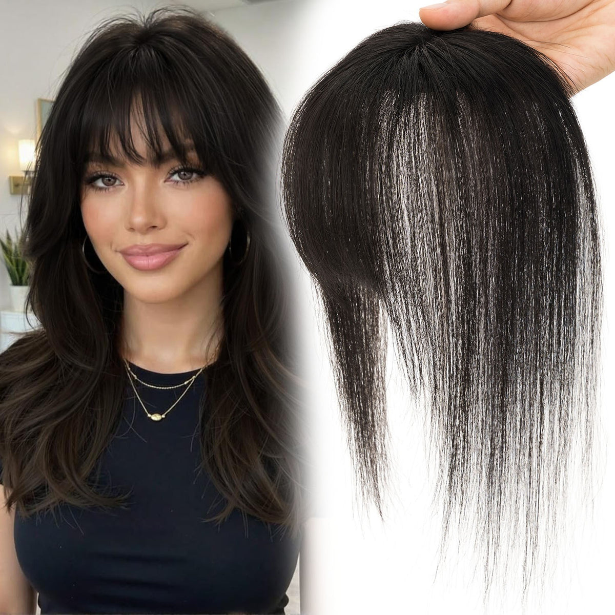 Clip-In Human Hair Bangs Extension with Wispy & French Styles - Natural & Dark Brown