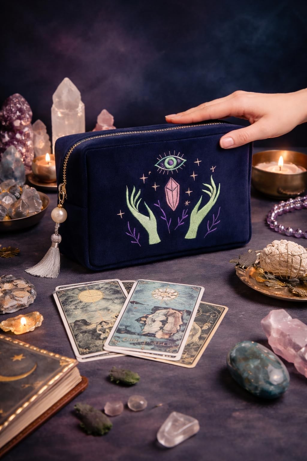 Velvet Tarot Card & Crystal Pouch with Embroidery, Zipper Closure, Gift Idea