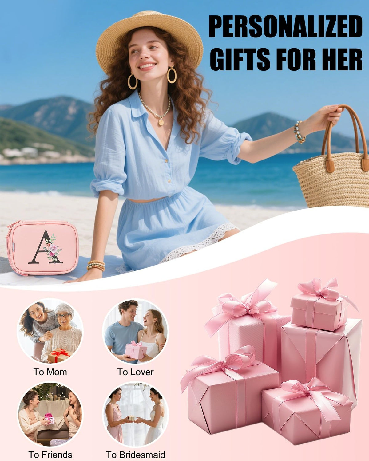 Mini Makeup Bag with LED Mirror - Personalized Initial Cosmetic Organizer for Women