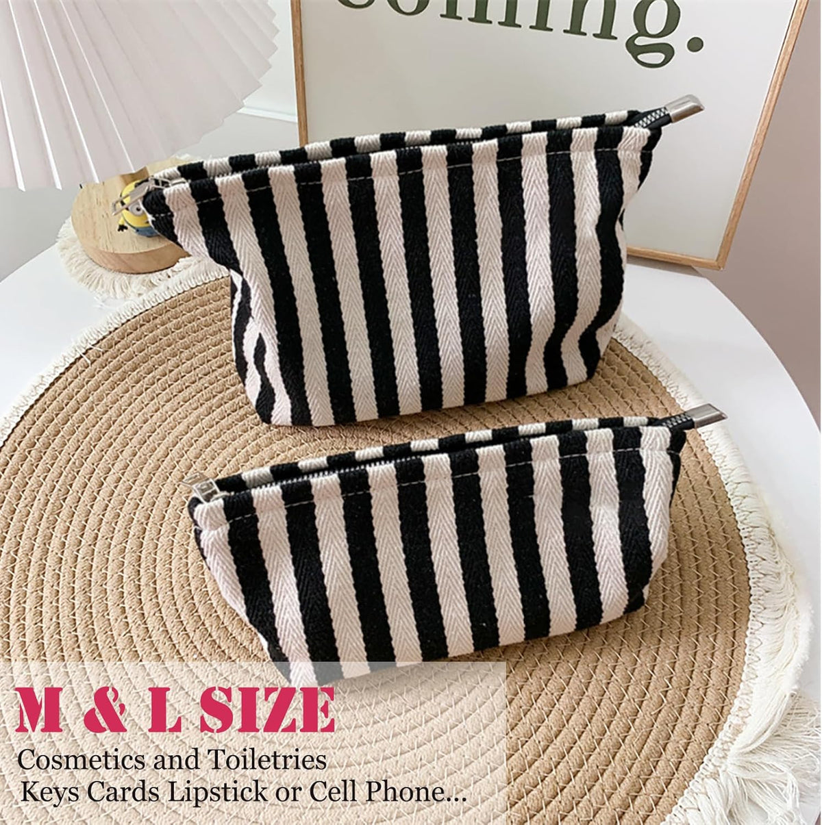 Large Stripe Canvas Makeup Bag Cosmetic Travel Pouch Organizer - Vintage Black & White