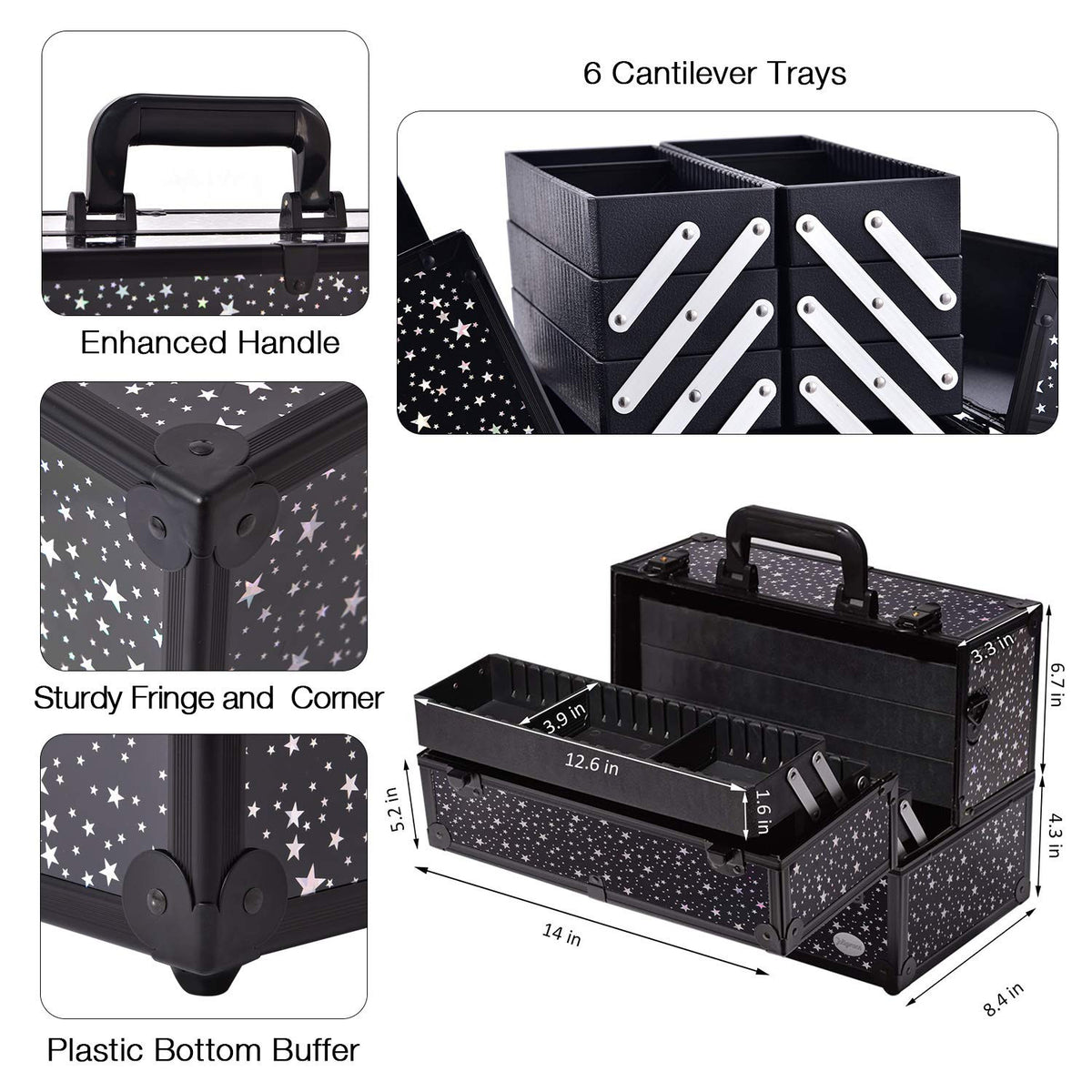 Large Makeup Train Case with 6 Adjustable Trays and Locking Lid - Professional Cosmetic Organizer