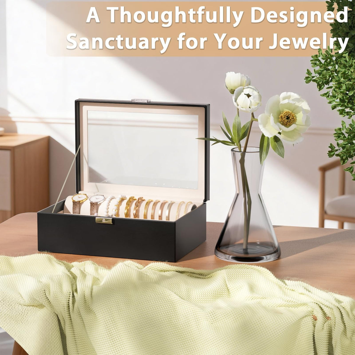 Jewelry Organizer Box with Glass Lid and Bracelet Holder - Black