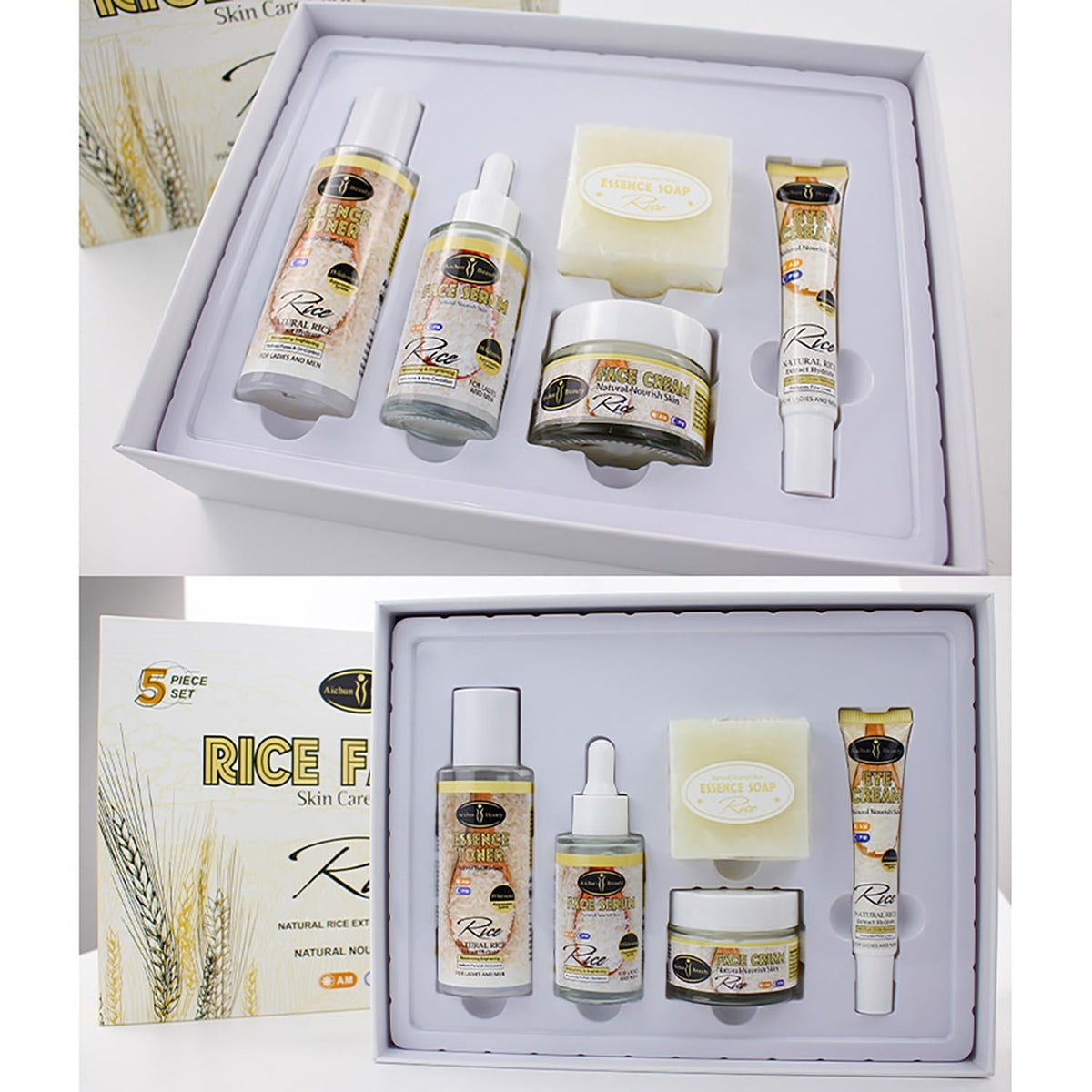 Organic Rice Facial Skincare Set with Cleansers, Toner, Cream & Eye Cream - 5PCS