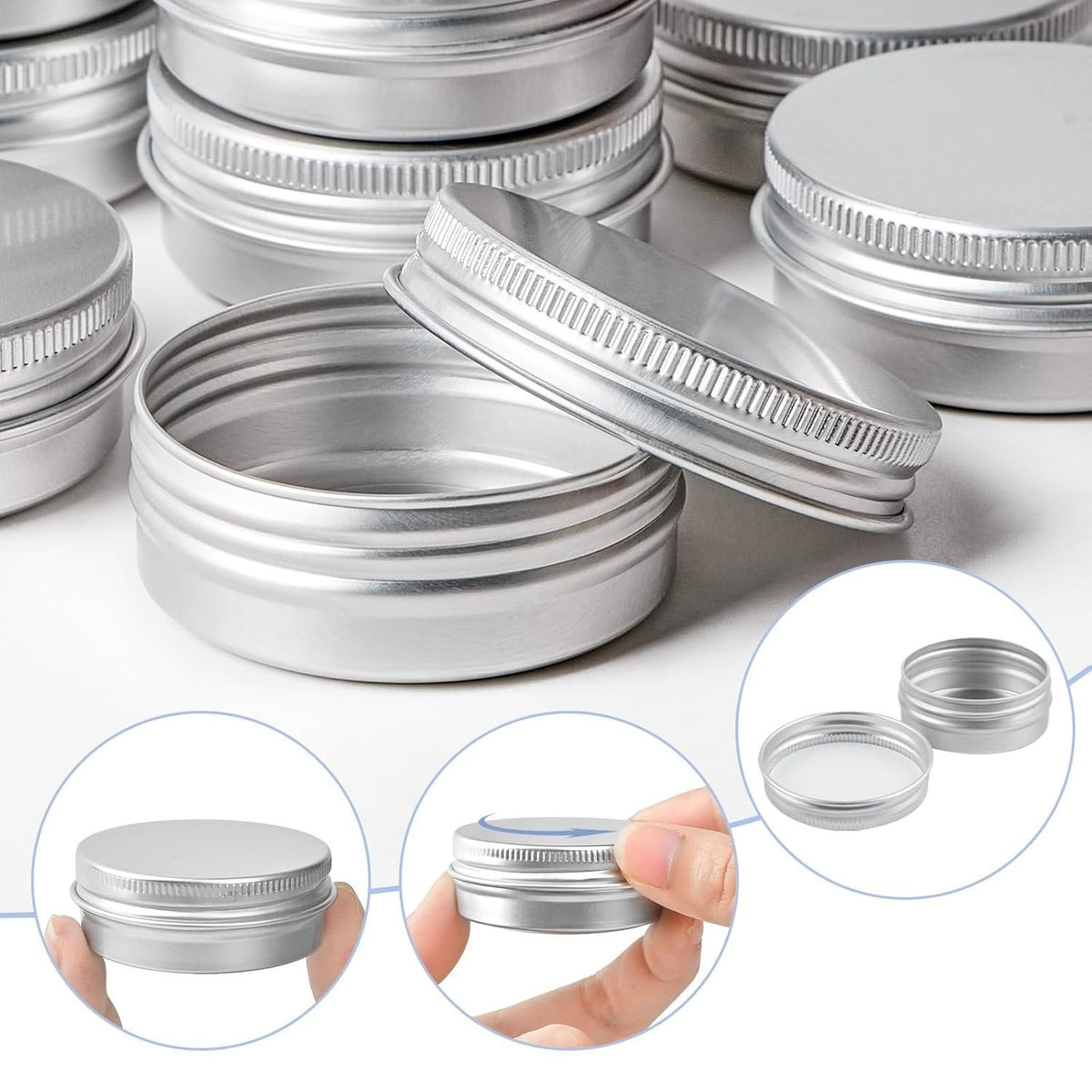 12 Pack 2 oz Aluminum Tin Cans with Screw Lids & Labels - Refillable Travel Containers