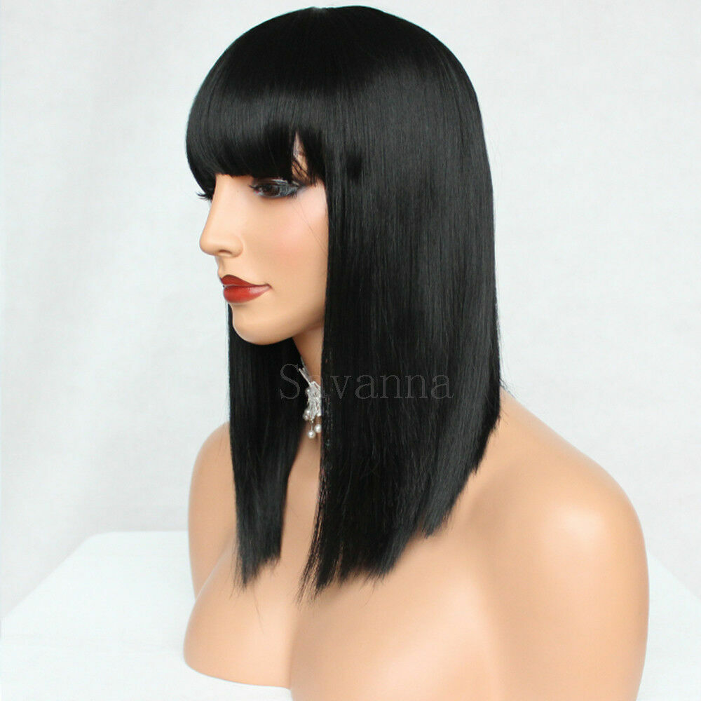 Black Bob Wigs with Bangs - Straight Blunt Cut Shoulder Length Short Wig for Women
