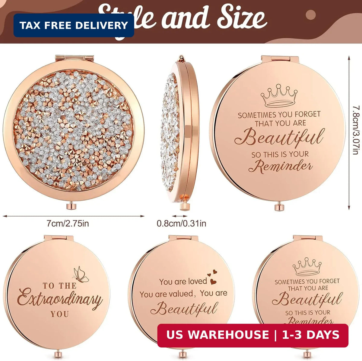 Set of 3 Inspirational Compact Pocket Mirrors with 2x Magnification