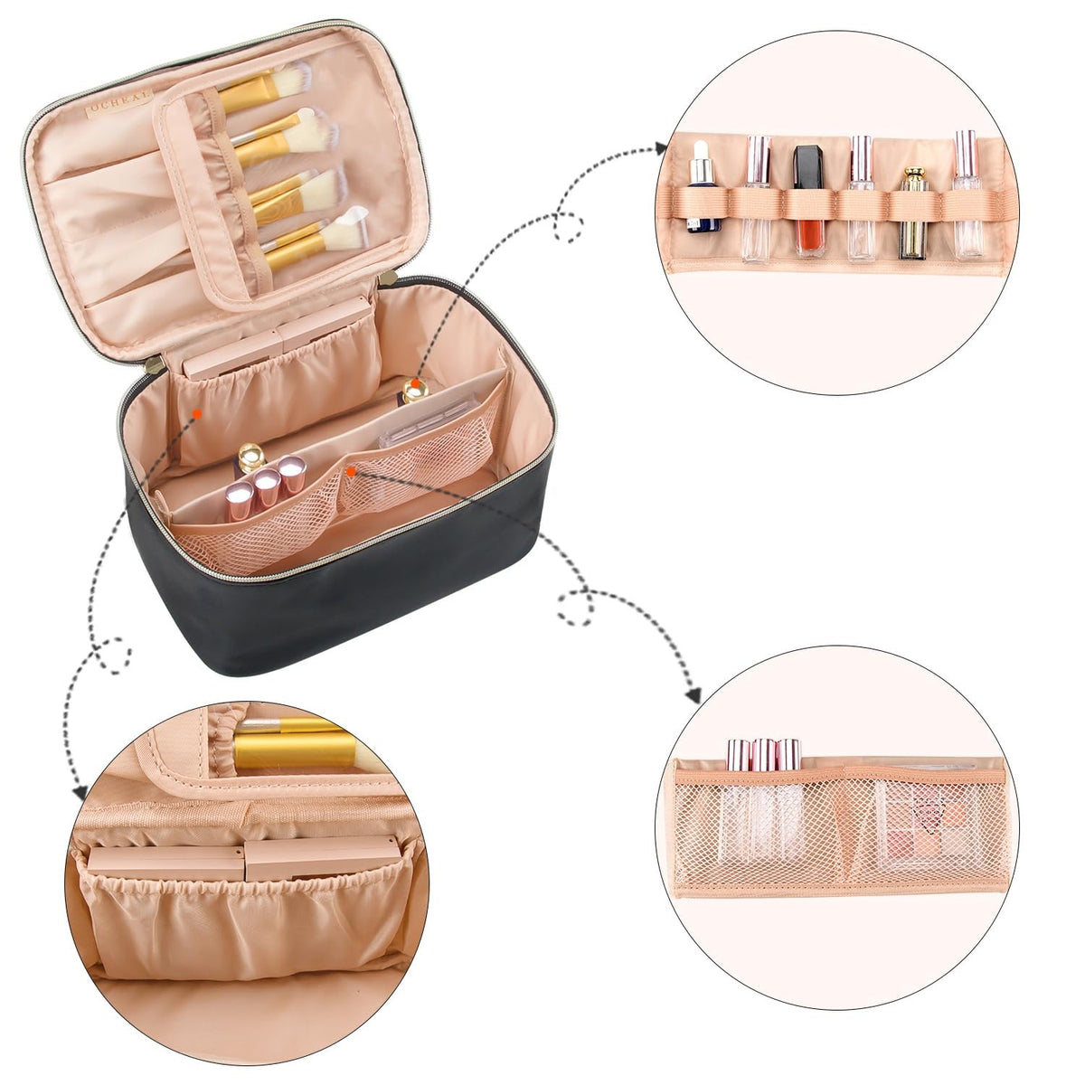 Portable Black Makeup Bag with Brush Partition & Waterproof Vegan Leather