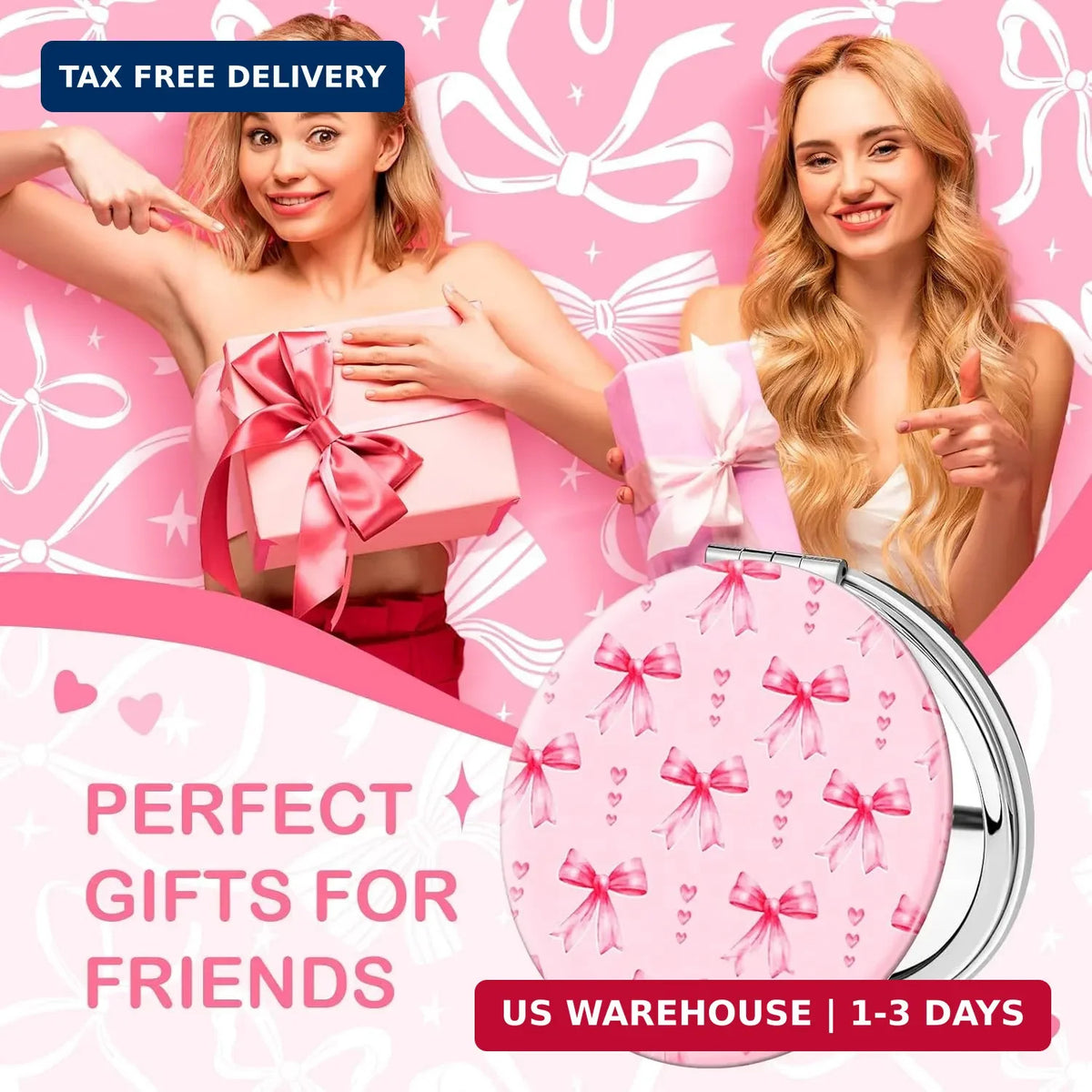Pink Bow Compact Mirrors Set - Double-Sided Makeup Mirrors with Magnification, Portable and Stylish for Women & Girls