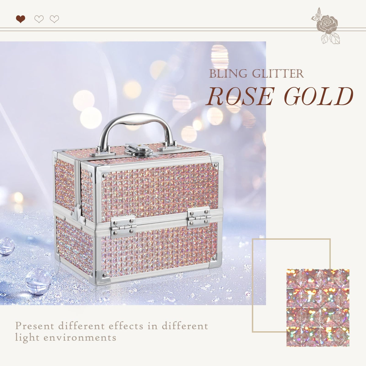 Cosmetic Makeup Box Organizer Case with Mirror, Glitter Pink 7.7 x 6.3 x 5.9 in