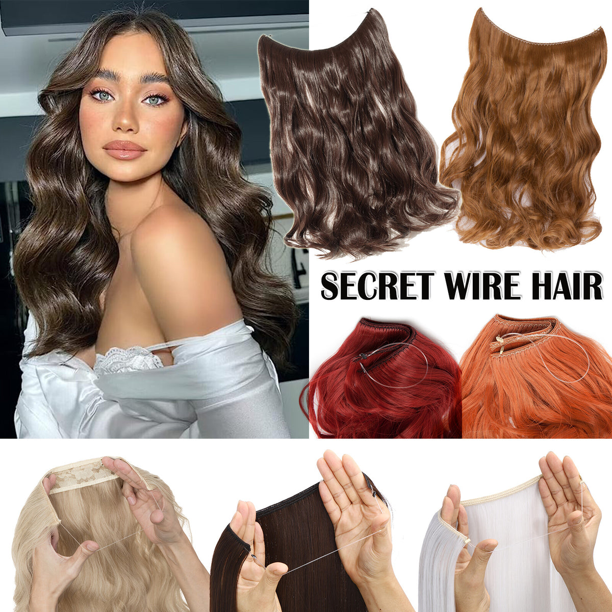 Invisible Wire Hair Extensions Full Head Curly Synthetic Hair with Nano Rings