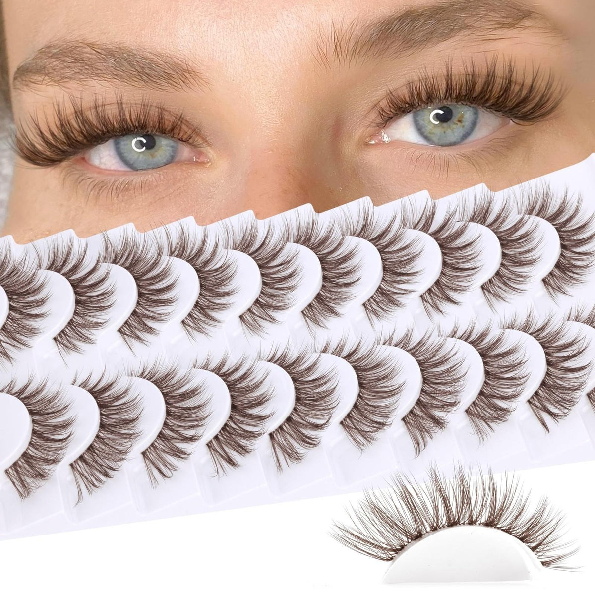 False Eyelashes Natural Look Wispy Pack of 10 - Black, 1 Pair