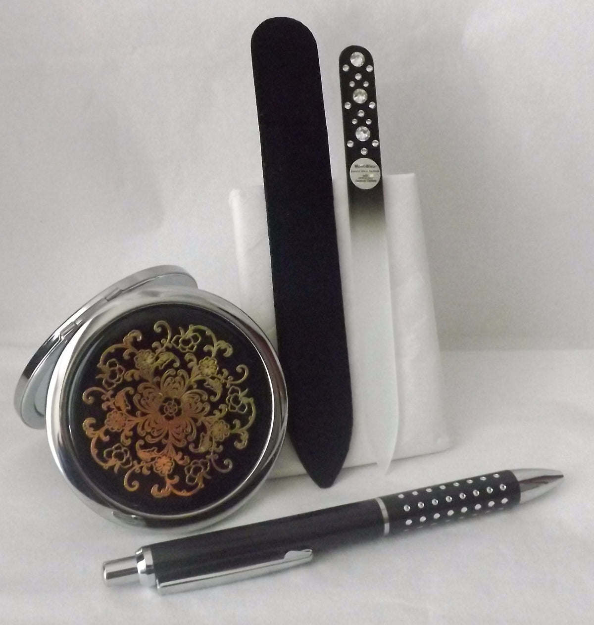 Dual Sided Compact Mirror with Pen & Czech Glass Nail File Gift Set