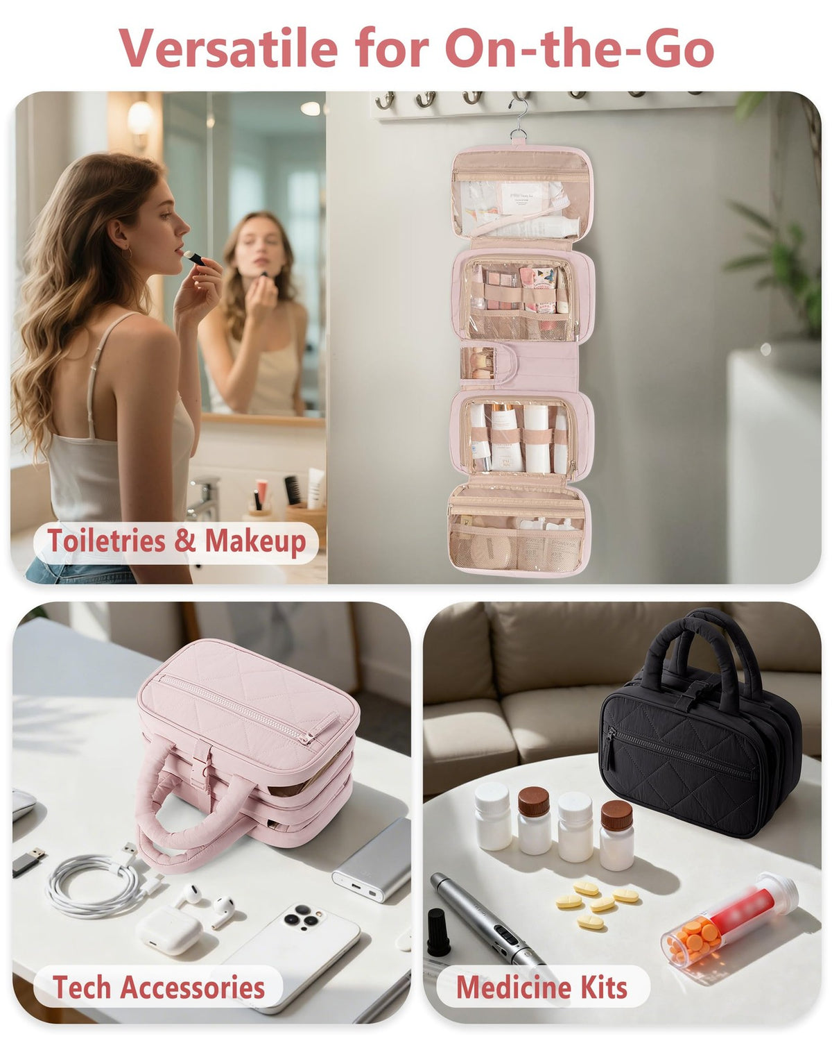 Travel Hanging Toiletry Bag for Women with 360 Swivel Hook and Multiple Compartments
