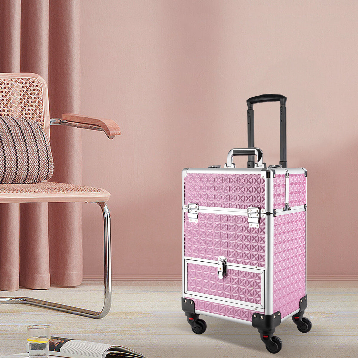 Rolling Makeup Train Case with 7 Compartments & 4 Wheels - Pink