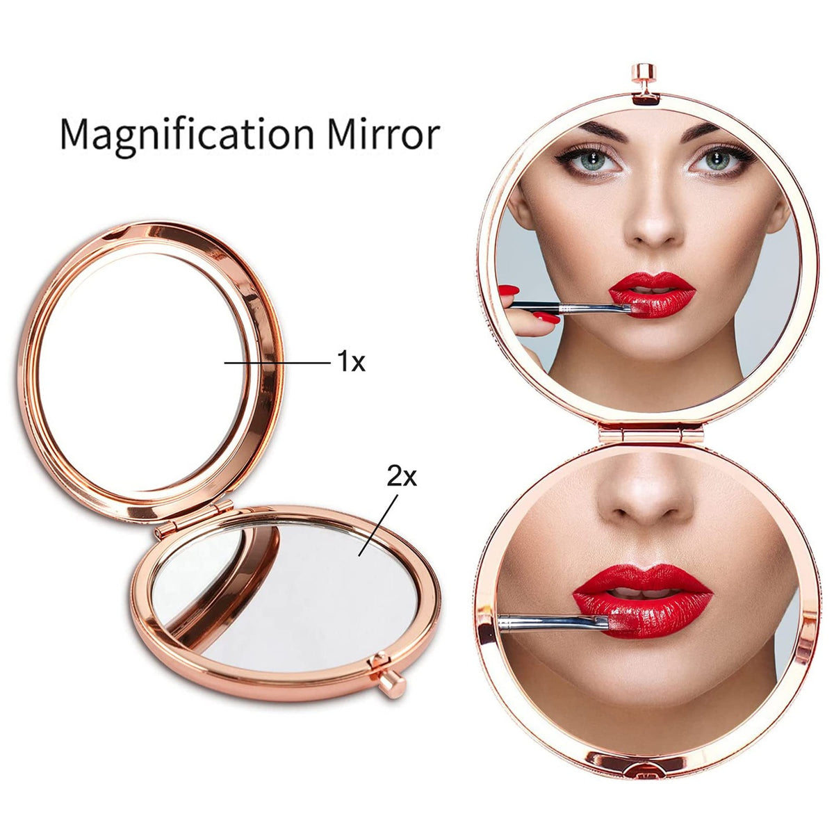 Rose Gold Compact Mirror with Magnification - Portable Makeup Vanity