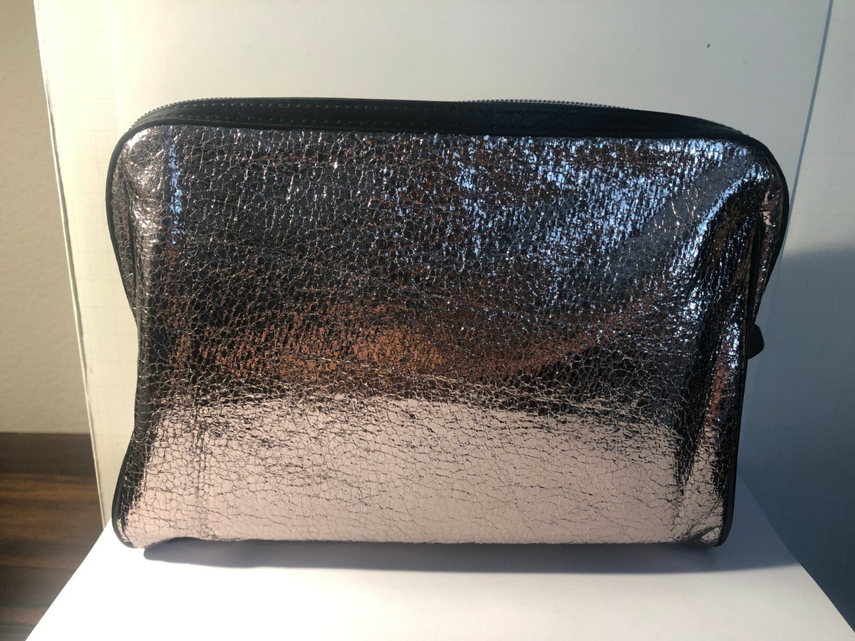 Light Brown Shimmer Makeup Bag with Black Frame - Cosmetic Toiletry Organizer