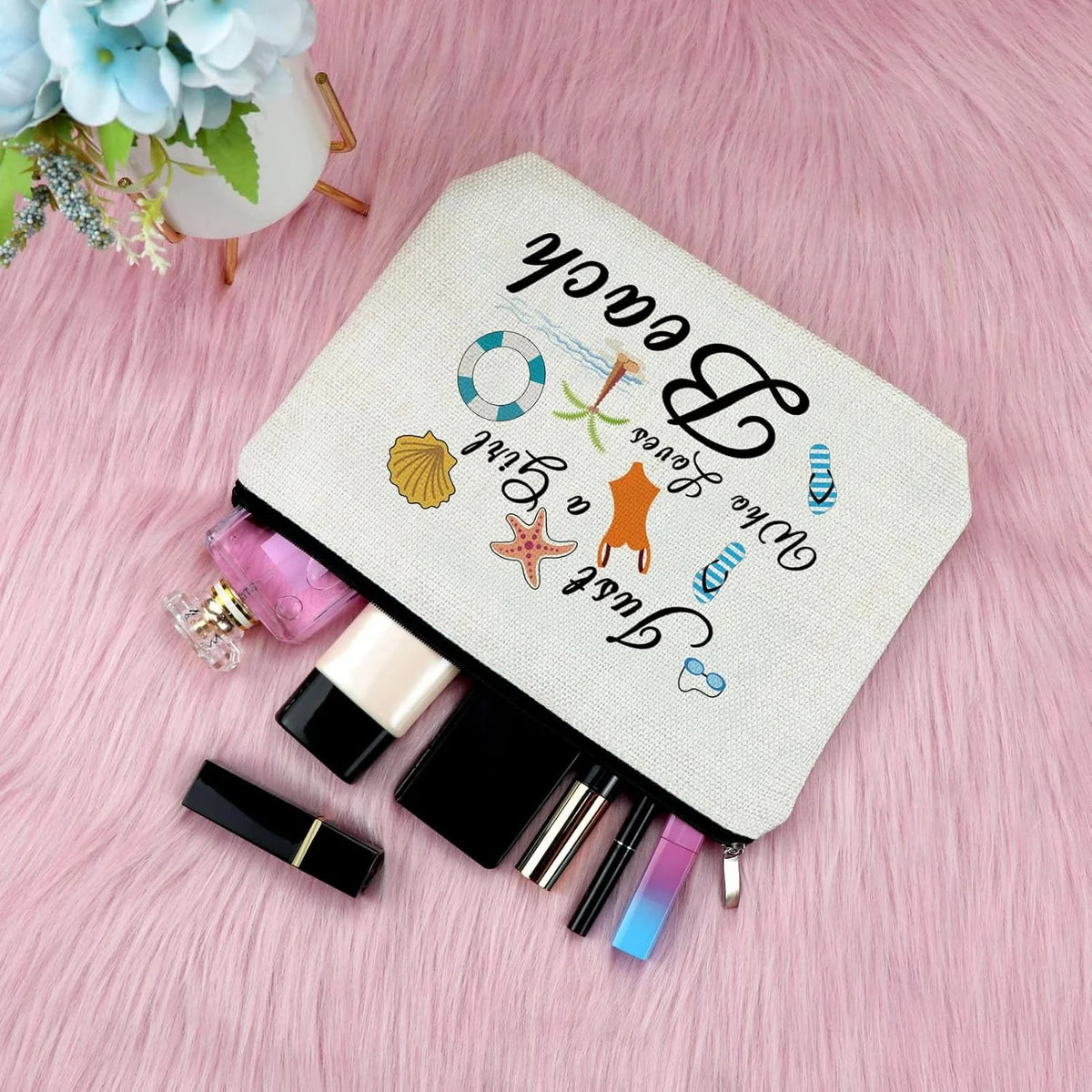 Beach Travel Makeup Bag for Women - Vacation Themed Cosmetic Organizer