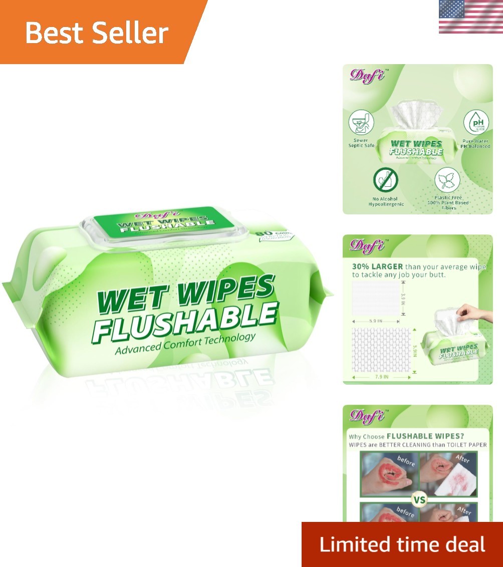 Adult Flushable Wipes 80 Count - Eco-Friendly, Hypoallergenic & Extra Large