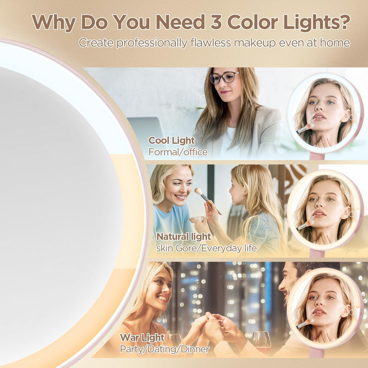 LED Makeup Mirror with Lights, Dimmable 3 Color Modes, 10X Magnification, Portable Vanity with Touch Control - Pink