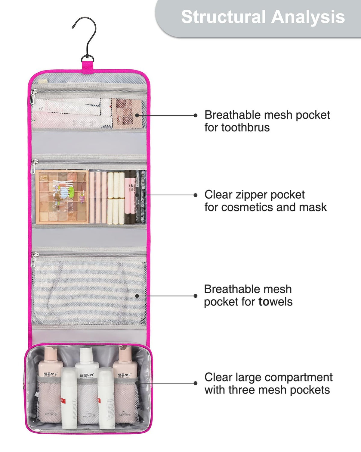 Waterproof Hanging Travel Toiletry Bag with Multiple Compartments - Hot Pink