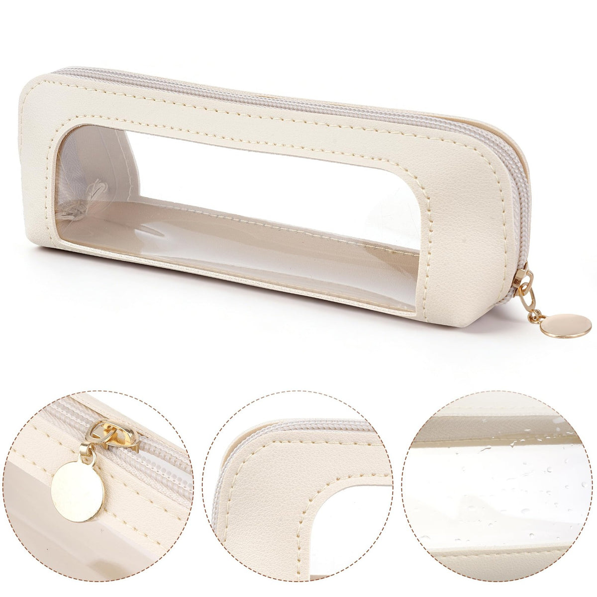 Transparent Makeup Brush Bag with Zipper - Slim Leather Cosmetic Pouch