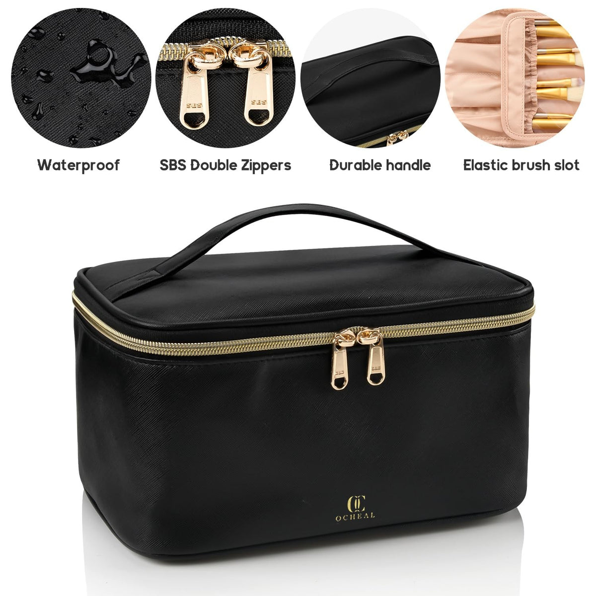 Large Capacity Travel Makeup Bag Organizer with Divider and Handle - Waterproof Vegan Leather