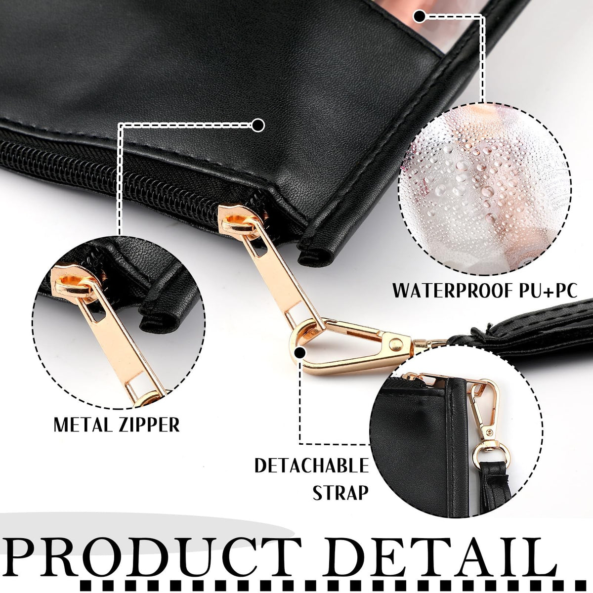 Clear Makeup Bags Set - 6 Travel Pouches with Zipper, Black