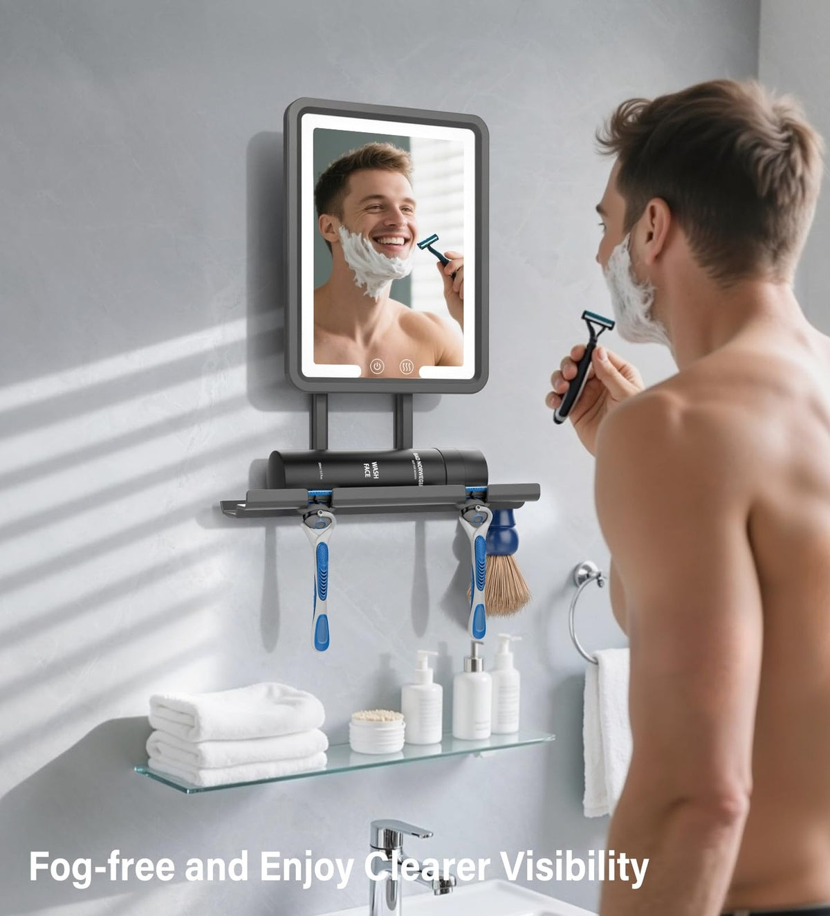 Shinowa Heated Fogless Shower Mirror with 360° Lighted LED, 100.4F Quick-Heat, Razor Tray