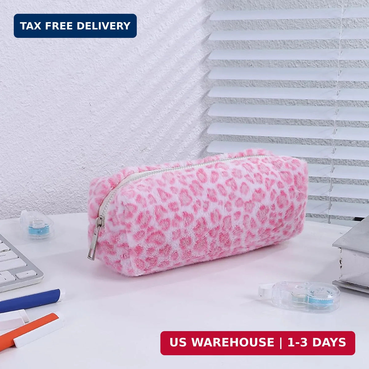 Leopard Print Plush Makeup & Pencil Case - Large Capacity Faux Fur Bag