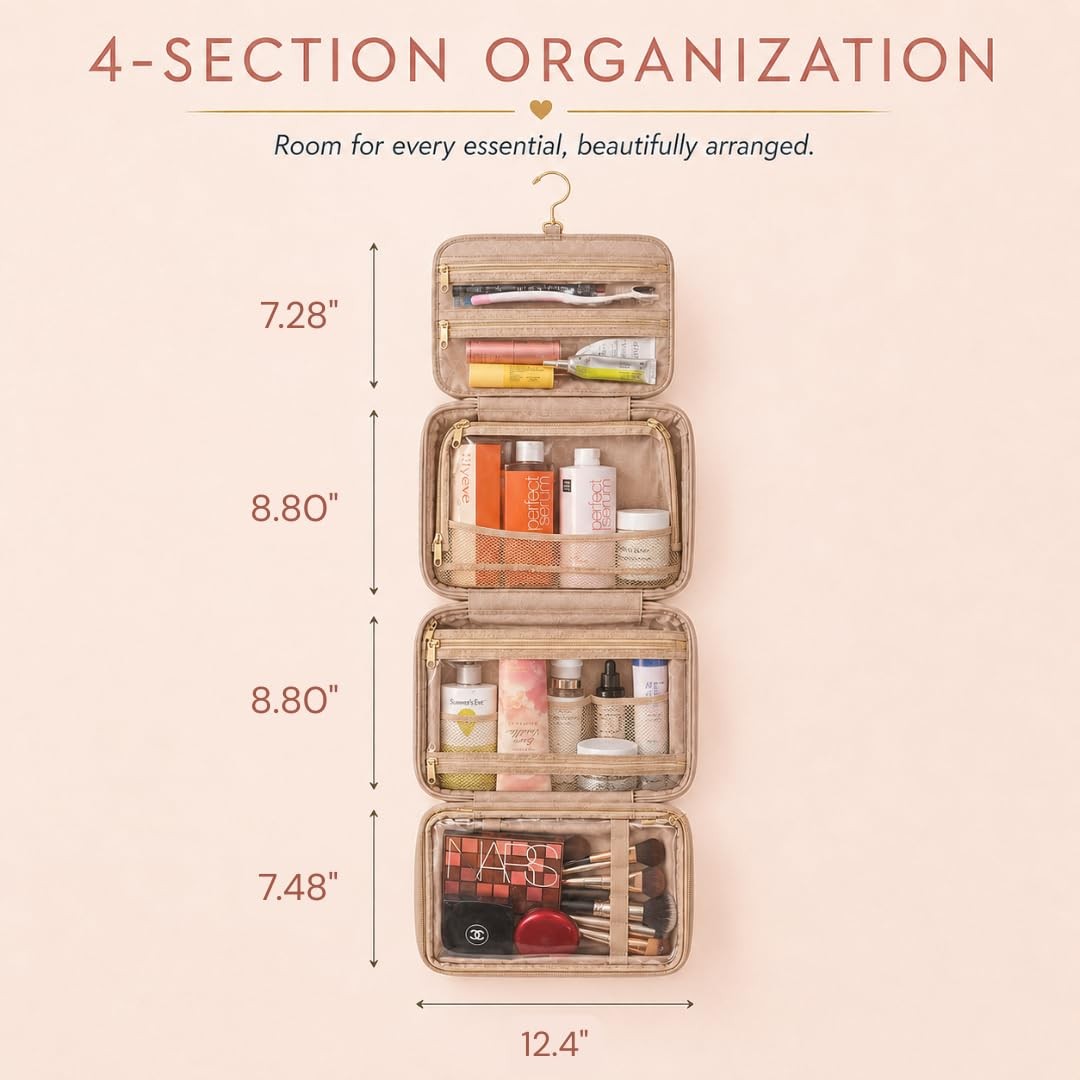 Medium Pink Travel Toiletry Bag with Hanging Organizer for Women