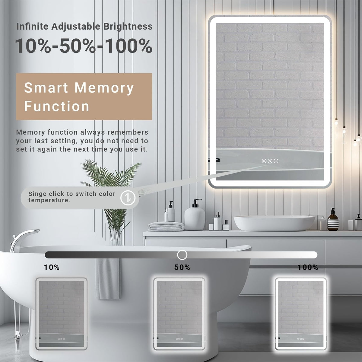 LED Bathroom Mirror 28 x 20 with Stepless Dimmable Backlight, Anti-Fog, 3 Color Modes