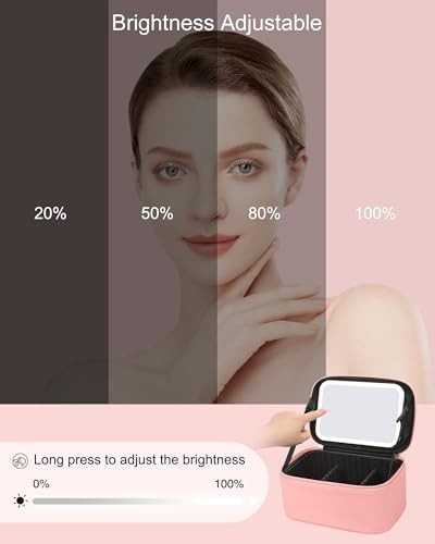 LED Makeup Bag with Light Up Mirror, Travel Cosmetic Organizer, Rechargeable