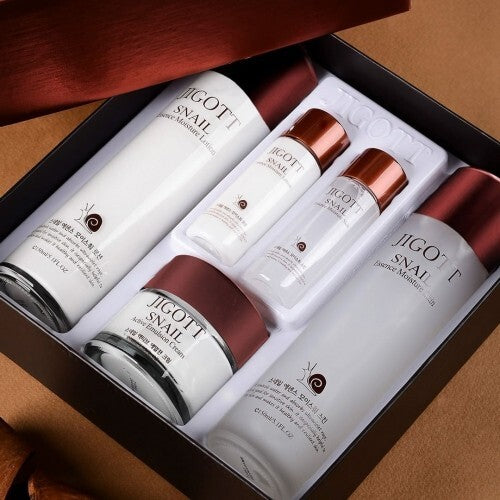 Jigott Snail Essence Moisture Skin Care Set - Toner, Emulsion, Cream, Travel Sizes
